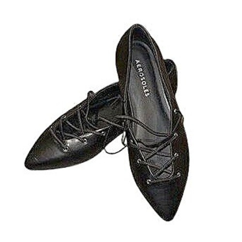 Aerosoles Diletta Black Lace Up Pointed Toe Flats Shoes Womens Size 7.5 M NEW